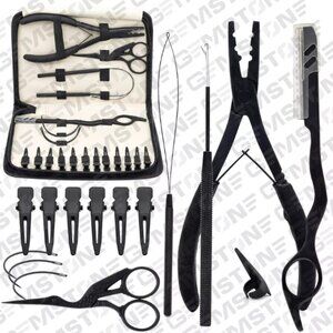 Matt Black Hair Extensions Plier Hook Tools Kit For Micro Nano Rings Fitting Box